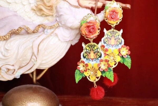 SOLD! 7920 Baroque Tiger Flowers Hand Painted Statement Earrings - Image 2
