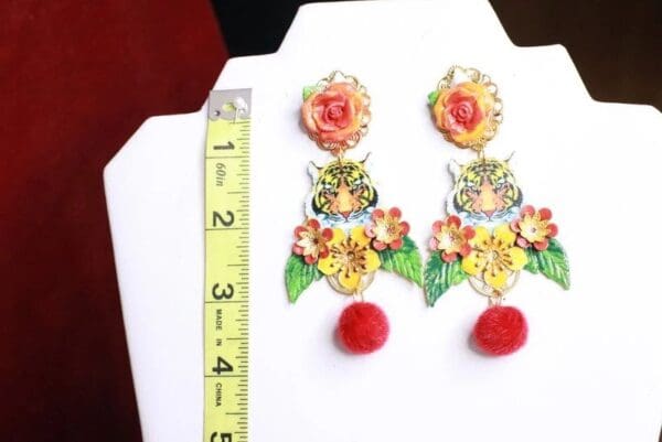 SOLD! 7920 Baroque Tiger Flowers Hand Painted Statement Earrings - Image 3