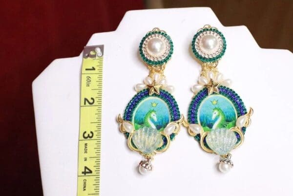 SOLD! 7921 Nautical Seahorse Cameo Long Pearl Shell Earrings - Image 4