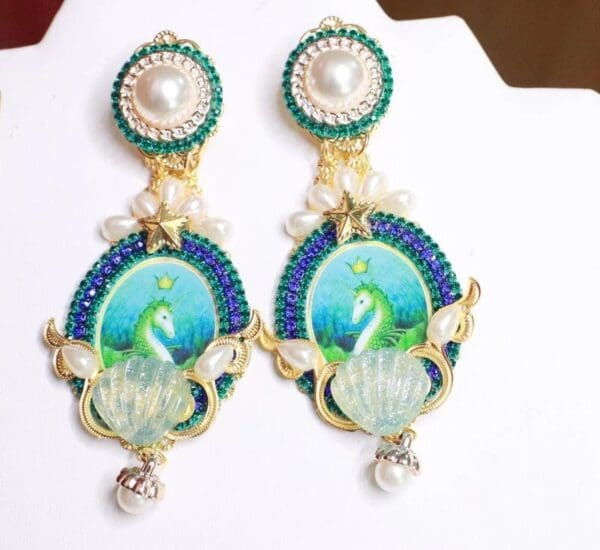 SOLD! 7921 Nautical Seahorse Cameo Long Pearl Shell Earrings - Image 2