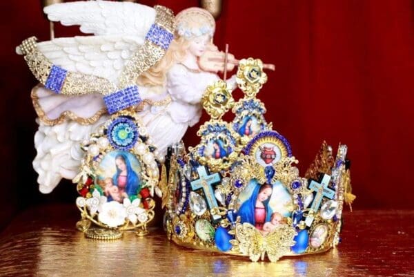 SOLD! 7923 Virgin Mary Madonna Crosses Sacred Heart Cameos Crown Tall Headband - Image 2