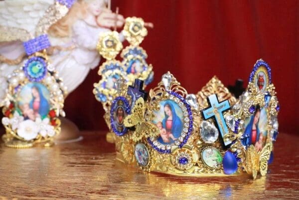 SOLD! 7923 Virgin Mary Madonna Crosses Sacred Heart Cameos Crown Tall Headband - Image 8