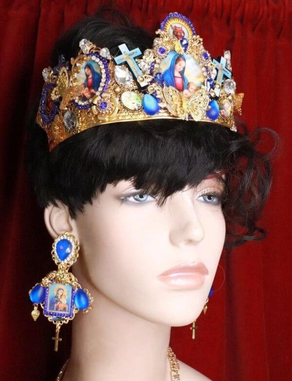 SOLD! 7924 Madonna Virgin Mary Blue Icon Earrings - Image 3