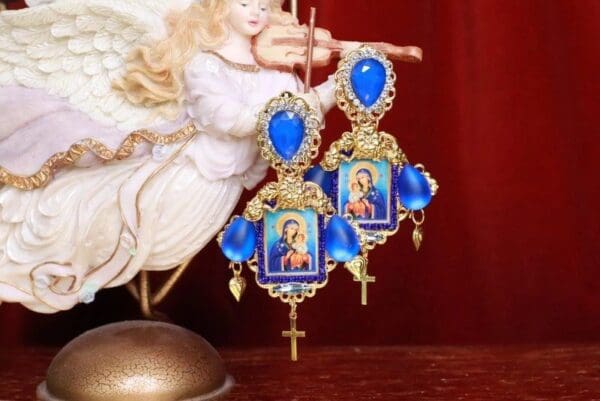 SOLD! 7924 Madonna Virgin Mary Blue Icon Earrings