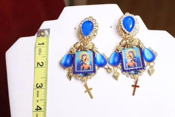 SOLD! 7924 Madonna Virgin Mary Blue Icon Earrings - Image 8