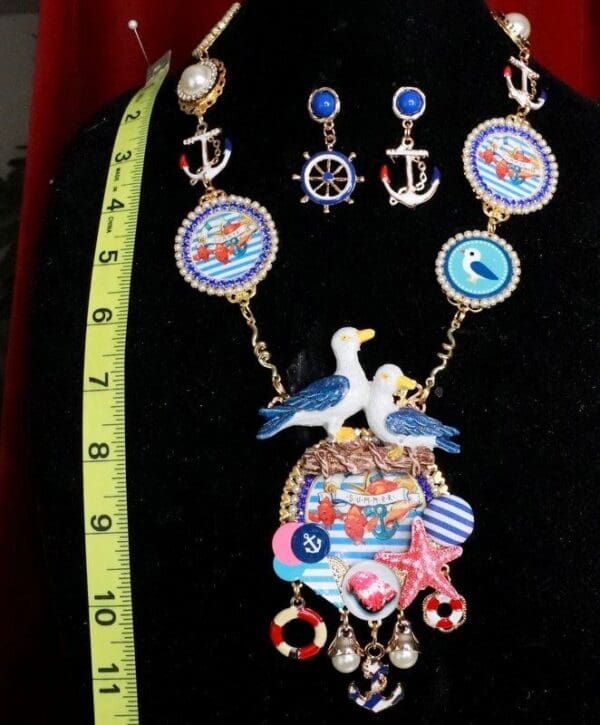 SOLD! 7926 Set Of Nautical Endless Summer Sea Gull Cameo Necklace+ Earrings - Image 9