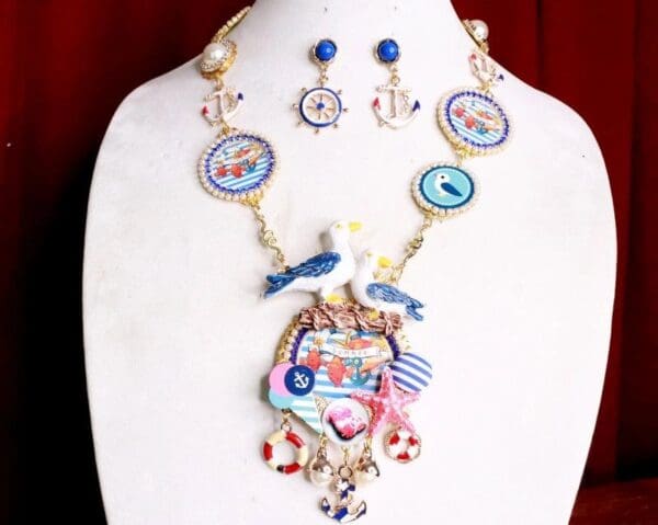 SOLD! 7926 Set Of Nautical Endless Summer Sea Gull Cameo Necklace+ Earrings - Image 3