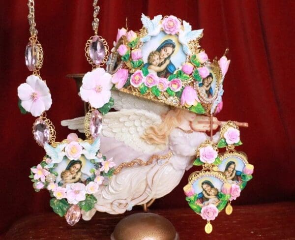 SOLD! 7927 Set Of Virgin Mary Madonna Crosses Sacred Heart Cameos Crown Tall Headband+ Earrings - Image 2