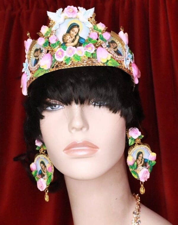 SOLD! 7927 Set Of Virgin Mary Madonna Crosses Sacred Heart Cameos Crown Tall Headband+ Earrings - Image 5