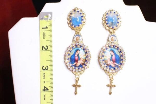 SOLD! 7943 Virgin Mary Blue Light Weight Studs Earrings - Image 3