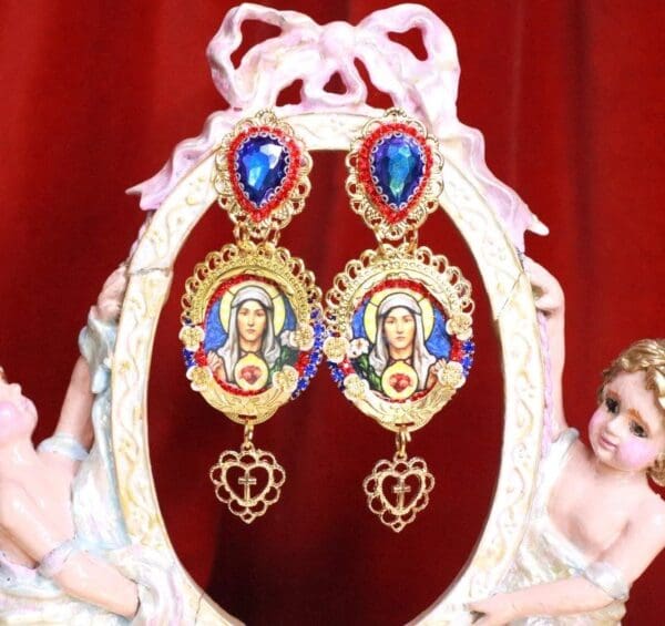 SOLD! 7944 Virgin Mary Blue Light Weight Red Blue Studs Earrings
