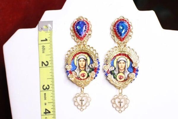 SOLD! 7944 Virgin Mary Blue Light Weight Red Blue Studs Earrings - Image 7