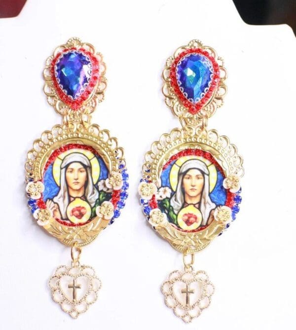 SOLD! 7944 Virgin Mary Blue Light Weight Red Blue Studs Earrings - Image 2