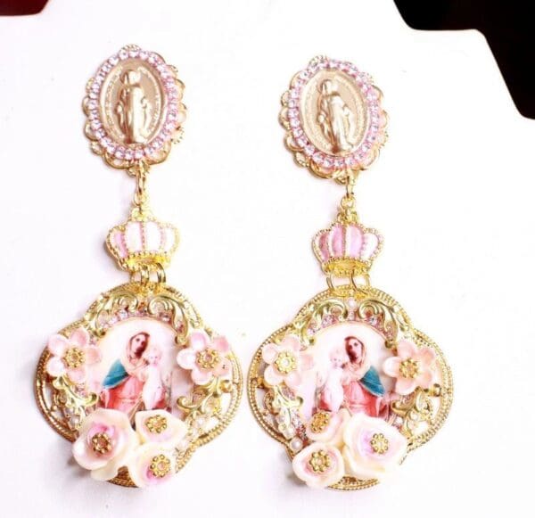 SOLD!7945 Virgin Mary Madonna And A Child Long Studs Earrings