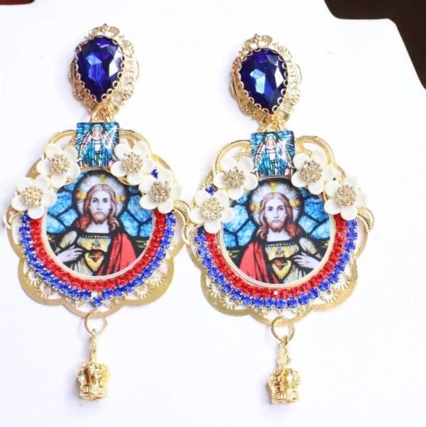 SOLD! 7946 Church Stain Glass Jesus Studs Earrings