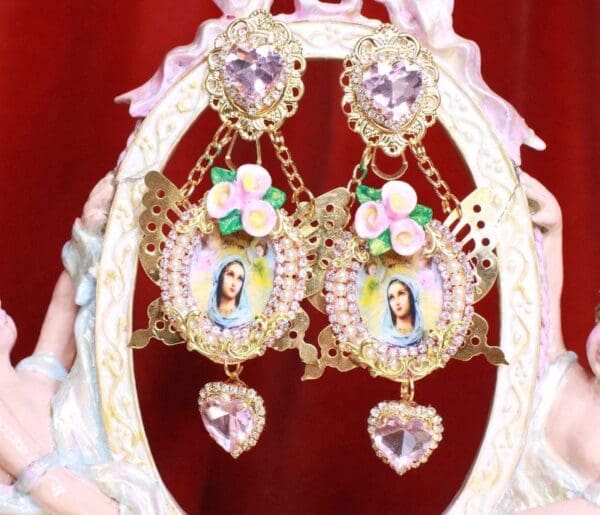 SOLD! 7949 Virgin Mary Madonna And A Child Gold Butterfly Studs Earrings
