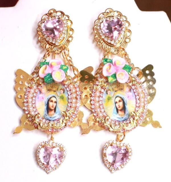 SOLD! 7949 Virgin Mary Madonna And A Child Gold Butterfly Studs Earrings - Image 2