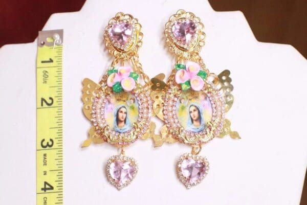 SOLD! 7949 Virgin Mary Madonna And A Child Gold Butterfly Studs Earrings - Image 3