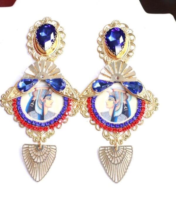 SOLD! 7950 Egyptian Revival Cameo Pharaoh Blue Massive Earrings - Image 2