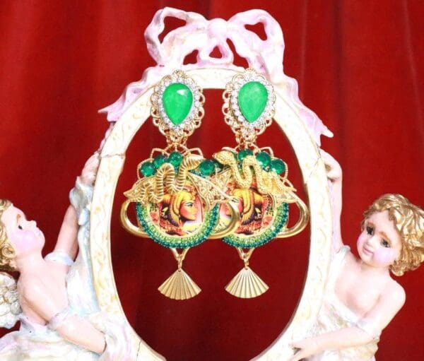 SOLD! 7952 Egyptian Revival Cameo Cleopatra Snake Green Massive Earrings