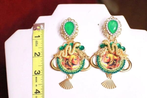 SOLD! 7952 Egyptian Revival Cameo Cleopatra Snake Green Massive Earrings - Image 5