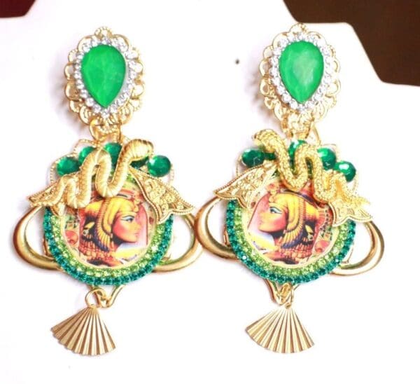 SOLD! 7952 Egyptian Revival Cameo Cleopatra Snake Green Massive Earrings - Image 2