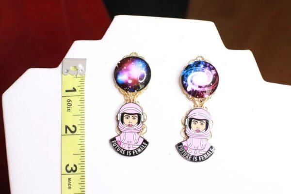 SOLD! 7958 Enamel The Future Is Female Celestial Astronaut Earrings - Image 7