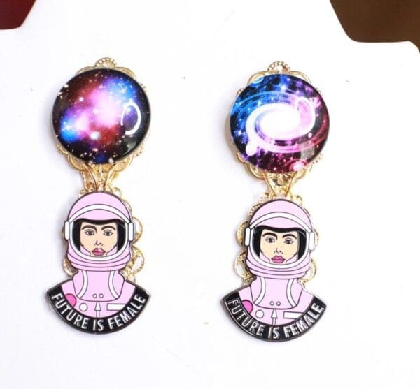 SOLD! 7958 Enamel The Future Is Female Celestial Astronaut Earrings - Image 8