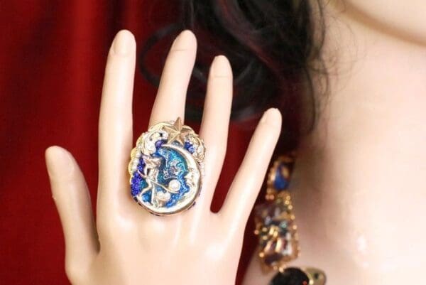 SOLD! 7960 Massive Genuine Agate Feeding The Moon Metal Adjustable Cocktail Ring - Image 3