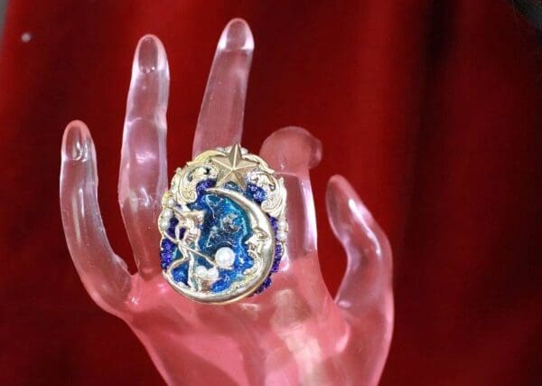SOLD! 7960 Massive Genuine Agate Feeding The Moon Metal Adjustable Cocktail Ring - Image 8