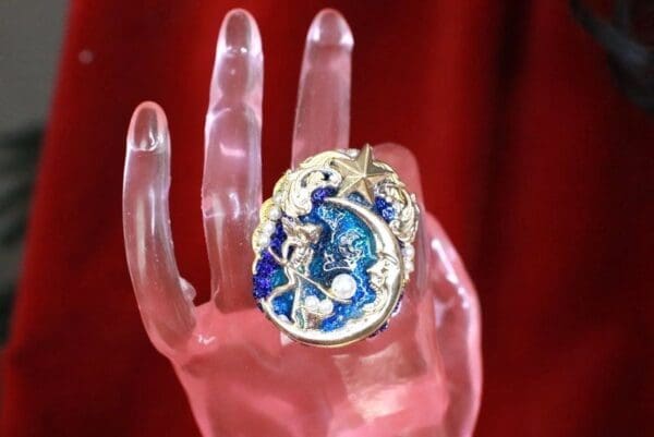 SOLD! 7960 Massive Genuine Agate Feeding The Moon Metal Adjustable Cocktail Ring - Image 9