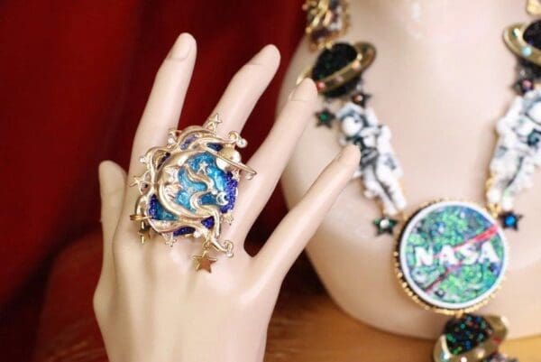 SOLD! 7961 Massive Genuine Agate Stars The Moon Metal Adjustable Cocktail Ring - Image 2
