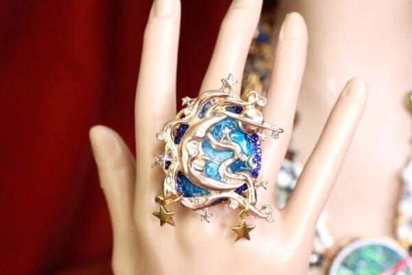SOLD! 7961 Massive Genuine Agate Stars The Moon Metal Adjustable Cocktail Ring - Image 4