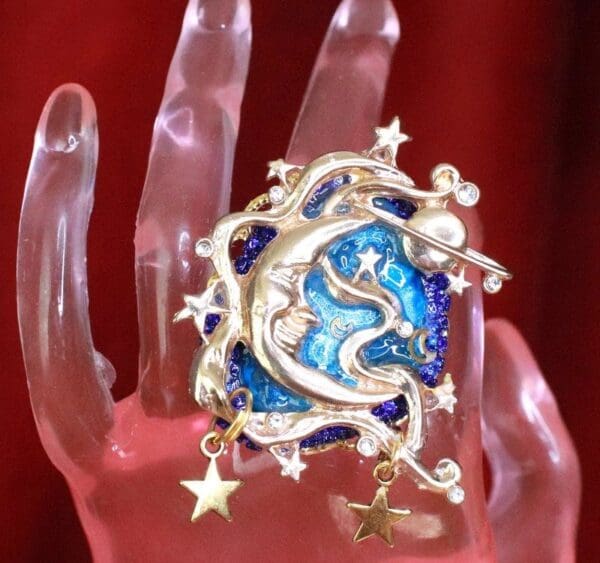 SOLD! 7961 Massive Genuine Agate Stars The Moon Metal Adjustable Cocktail Ring