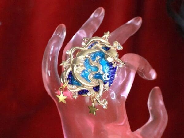 SOLD! 7961 Massive Genuine Agate Stars The Moon Metal Adjustable Cocktail Ring - Image 7