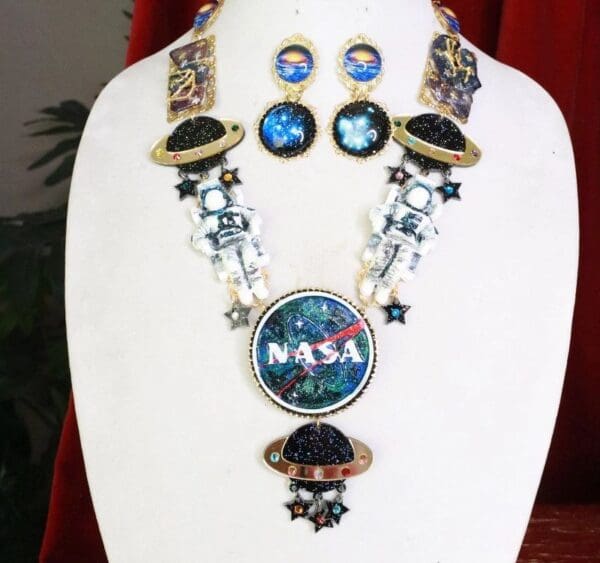 SOLD! 7963 Set Of Celestial NASA Astronauts Iridescent Necklace+ Earrings