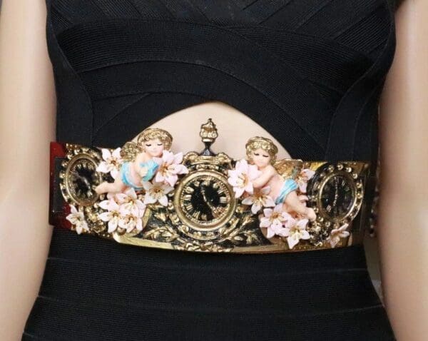 SOLD! 7965 Baroque Vintage Clock Cherubs ANgels Embellished Waist Gold Belt Size S, L, M - Image 3