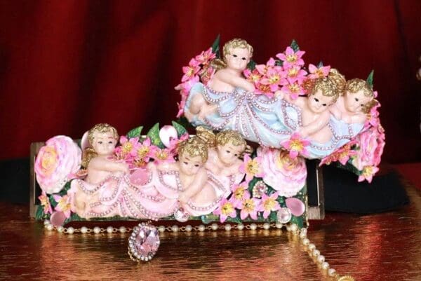 SOLD! 7966 Baroque Vintage Hand Painted Cherubs Angels Embellished Waist Gold Belt Size S, L, M - Image 5