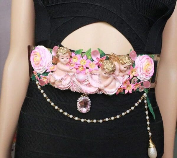 SOLD! 7966 Baroque Vintage Hand Painted Cherubs Angels Embellished Waist Gold Belt Size S, L, M - Image 7