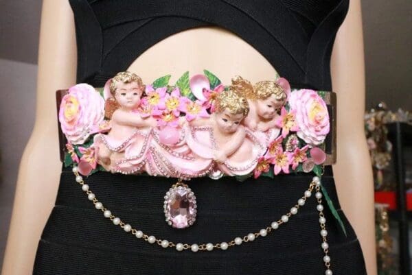 SOLD! 7966 Baroque Vintage Hand Painted Cherubs Angels Embellished Waist Gold Belt Size S, L, M - Image 4