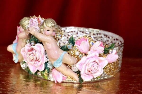 SOLD! 6977 Baroque Hand Painted Faced Cherubs Angels Holding The Rose Tall Full Crown - Image 9