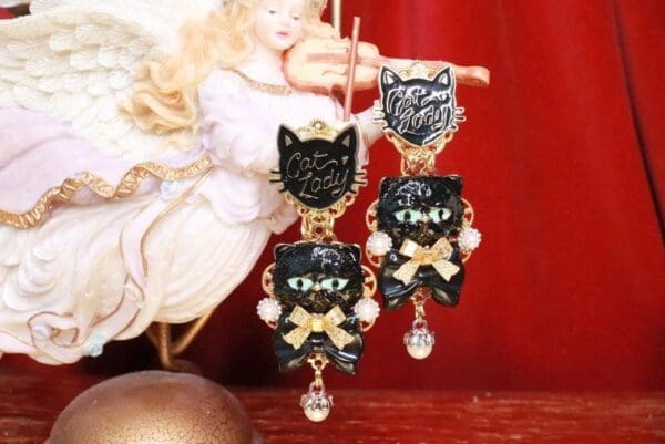 SOLD! 7973 Irregular Enamel Lady Cat Black Earrings - Image 2