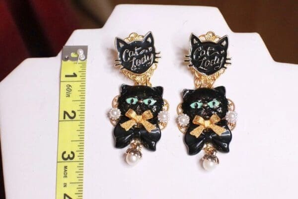 SOLD! 7973 Irregular Enamel Lady Cat Black Earrings - Image 6