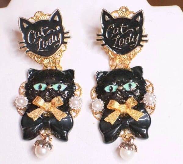 SOLD! 7973 Irregular Enamel Lady Cat Black Earrings