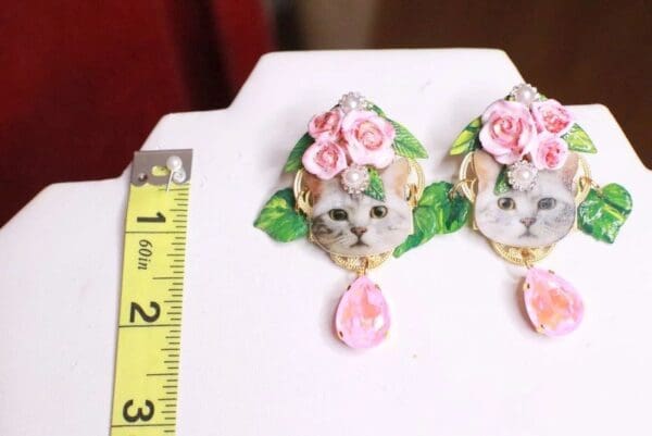 SOLD! 7974 Baroque Cat In Roses Pink Earrings - Image 7