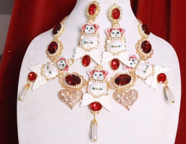 SOLD! 7975 Set Of Baroque Enamel Cats Red Rhinestone Sicilian Necklace+ Earrings