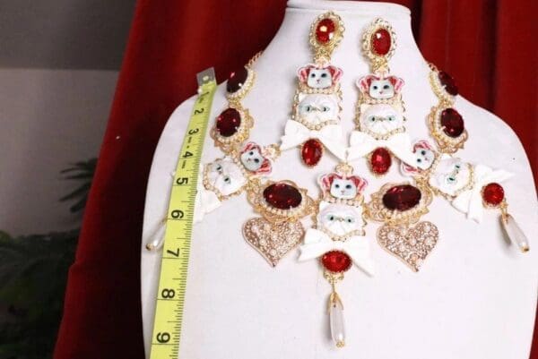 SOLD! 7975 Set Of Baroque Enamel Cats Red Rhinestone Sicilian Necklace+ Earrings - Image 9
