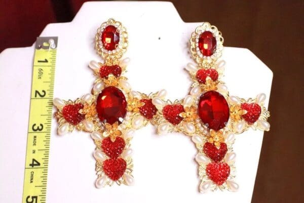 SOLD! 7978 Alta Moda Baroque Huge Filigree Red Hearts Crystal Cross Studs - Image 6