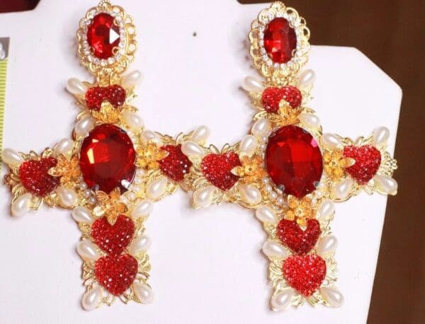 SOLD! 7978 Alta Moda Baroque Huge Filigree Red Hearts Crystal Cross Studs - Image 7
