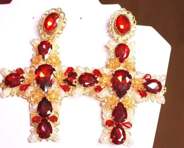 SOLD! 7979 Alta Moda Baroque Huge Filigree Red Hearts Crystal Cross Studs - Image 5